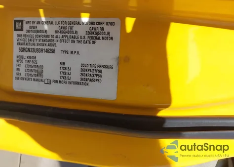 2003 Hummer H2 from USA, damaged, VIN 5GRGN23U93H146296